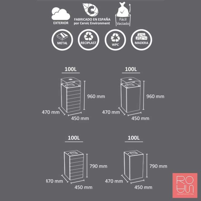 Paperera de reciclatge exterior València 100L amb i sense barret